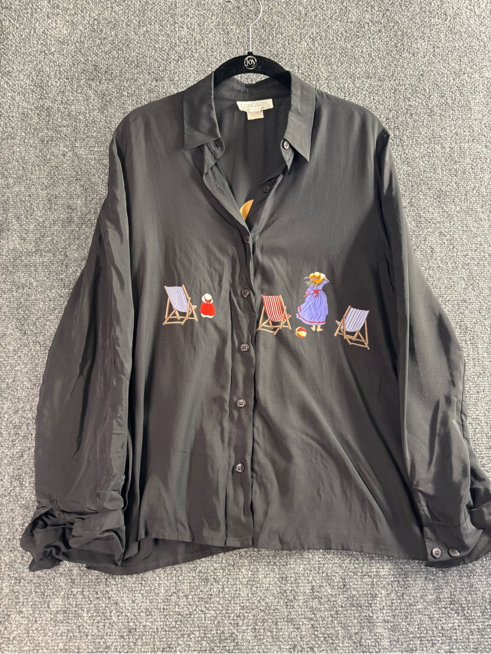 Doncaster Black Button-Down Shirt with Colorful Beach Embroidery